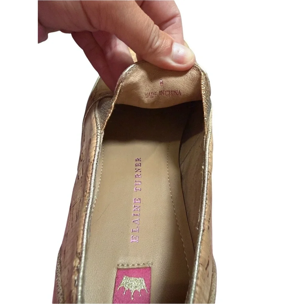 Elaine‎ Turner Natural Cork Gold Trim Slip On Sneakers 8 Beachy Euro Summer Boho
